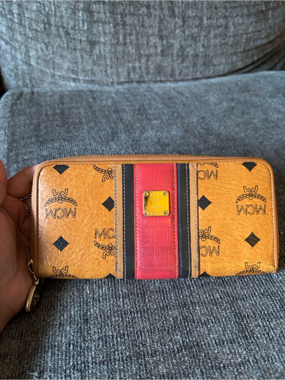 MCM Zip-Around Wallet in Cognac Tan with Red Accent